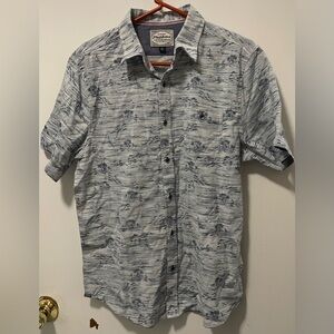 Flag & Anthem Mens Button Up Shirt Gray Blue Patterned Short Sleeve Shirt Medium